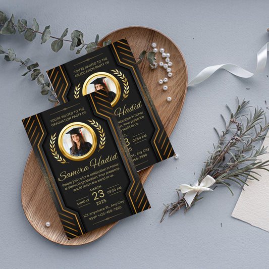 Luxury Graduation Invitation Template | Graduation Invitation Ceremony | Elegant Gold & Black Graduation Program CANVA Editable Template