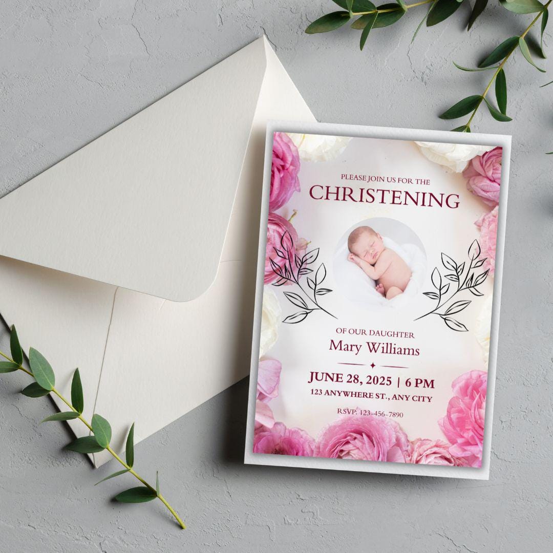 Floral Blush Pink Girl Photo Baptism Invitation Template, Pink Gold Green Floral Baptism EDITABLE Printable Baptism Christening Invite