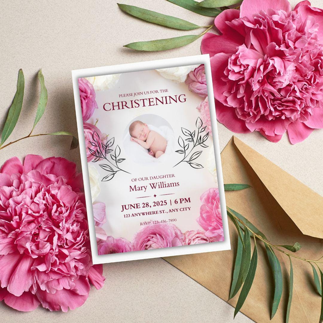 Floral Blush Pink Girl Photo Baptism Invitation Template, Pink Gold Green Floral Baptism EDITABLE Printable Baptism Christening Invite