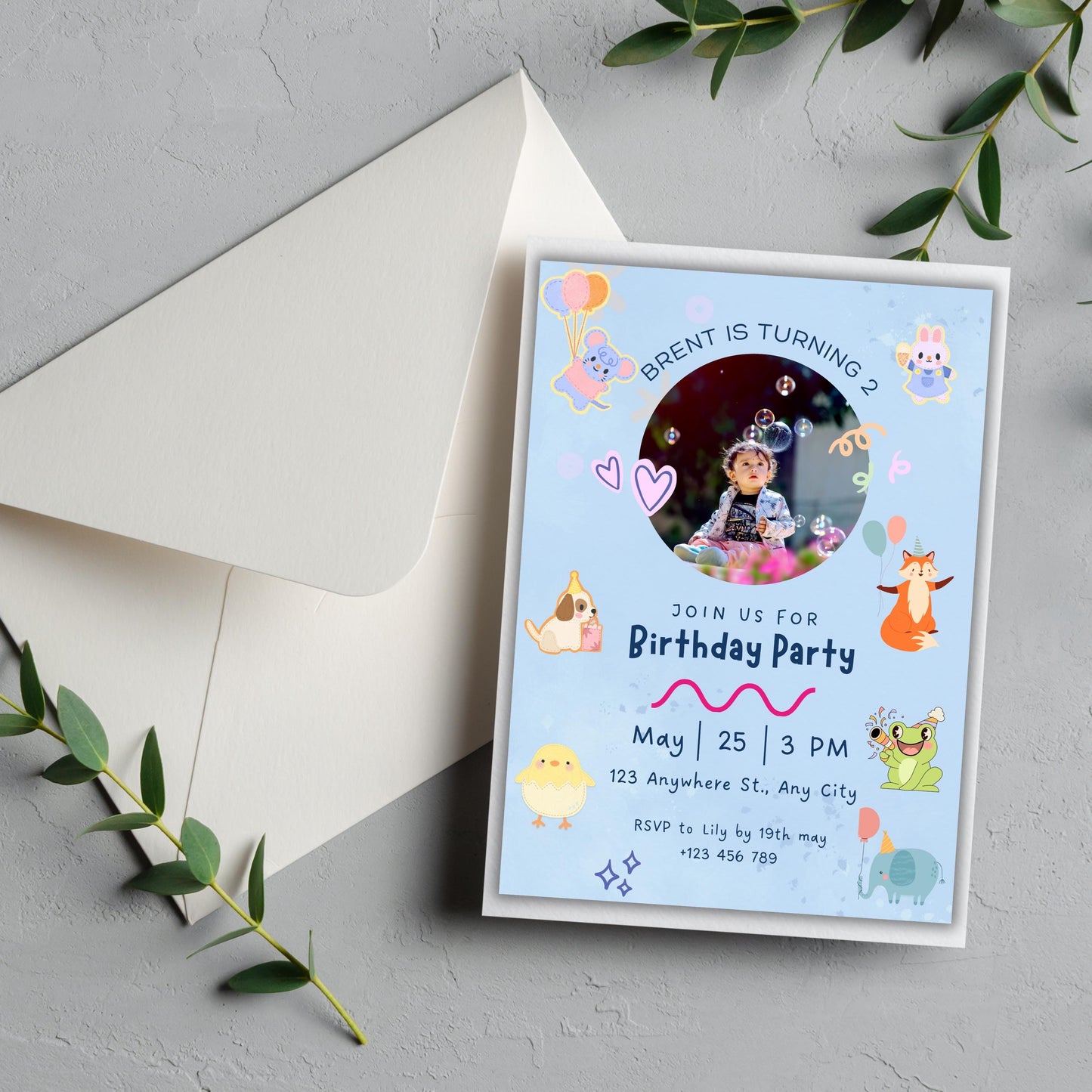 Light Blue Birthday Invitation, Light Blue Elegant Evite, Animated Birthday Invitation, Neutral Floral Party Template