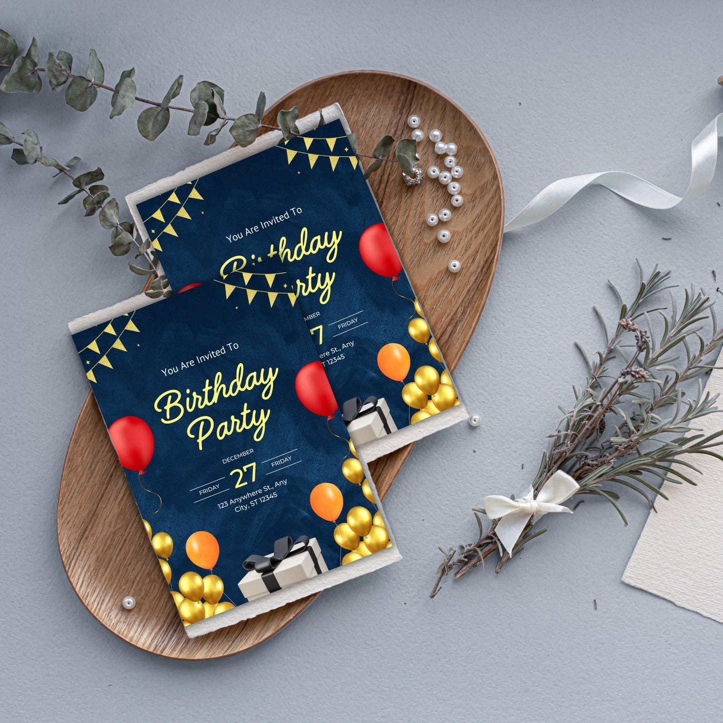 Elegant Digital Editable Birthday Invitation Canva Template, Masculine Navy Royal Blue and Gold Bday Men Evite, Mobile Phone Party Invite