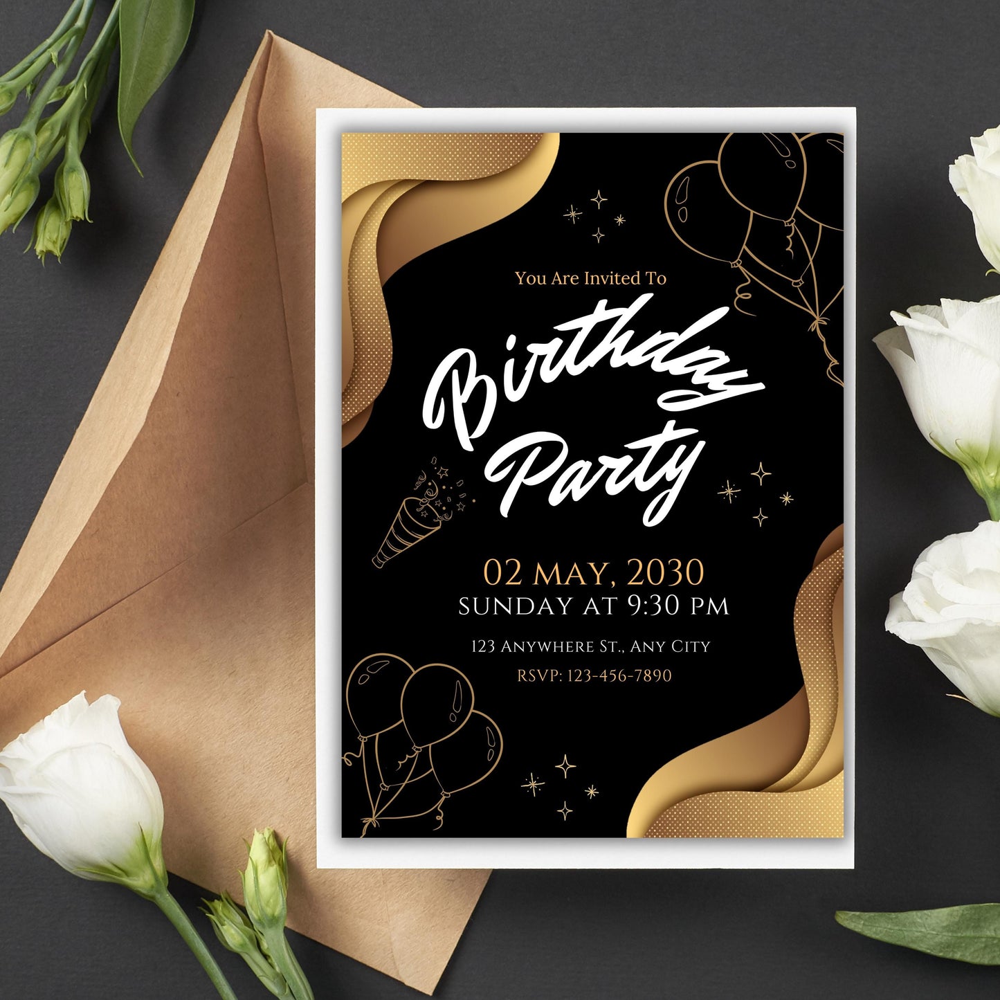 Gold Birthday Invitation, Adult Birthday Dinner Invitation, Gold & Black Birthday Invite, Black and Gold Party Invitation Template