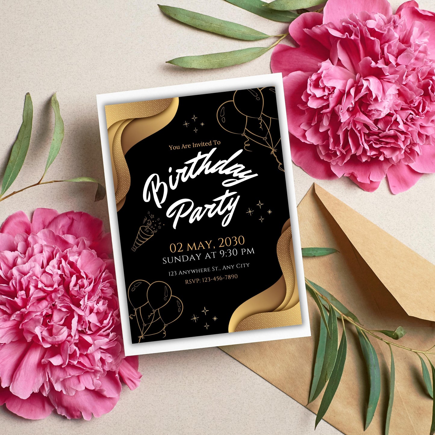 Gold Birthday Invitation, Adult Birthday Dinner Invitation, Gold & Black Birthday Invite, Black and Gold Party Invitation Template