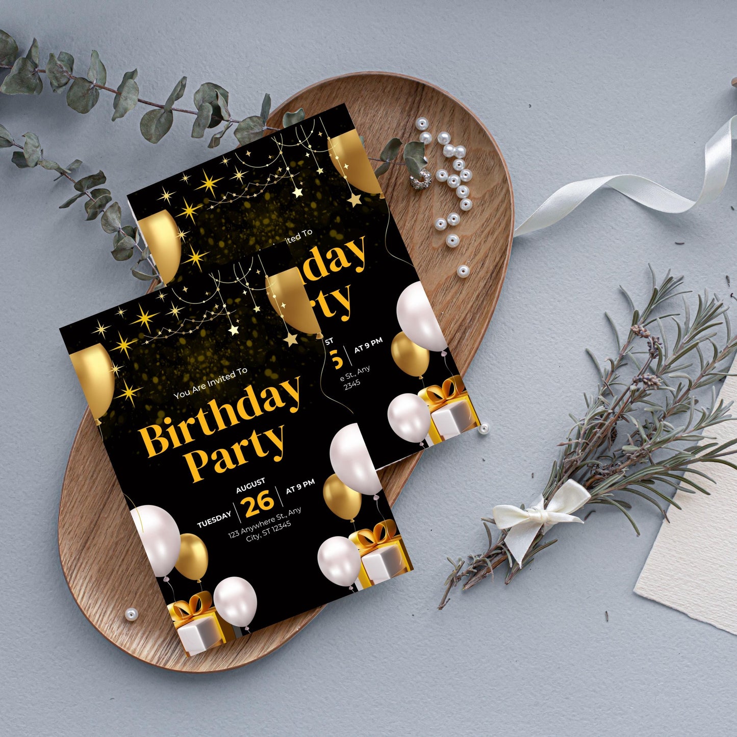 Editable Black and Gold Birthday Invitation, Let&#39;s Party Gold Balloons Invite, Printable Black Golden Balloons Birthday Invitation