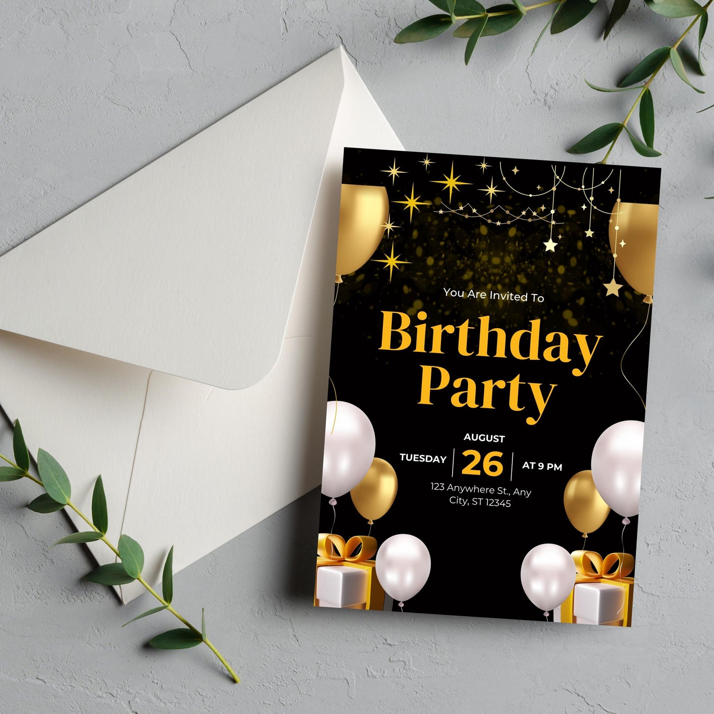 Editable Black and Gold Birthday Invitation, Let&#39;s Party Gold Balloons Invite, Printable Black Golden Balloons Birthday Invitation