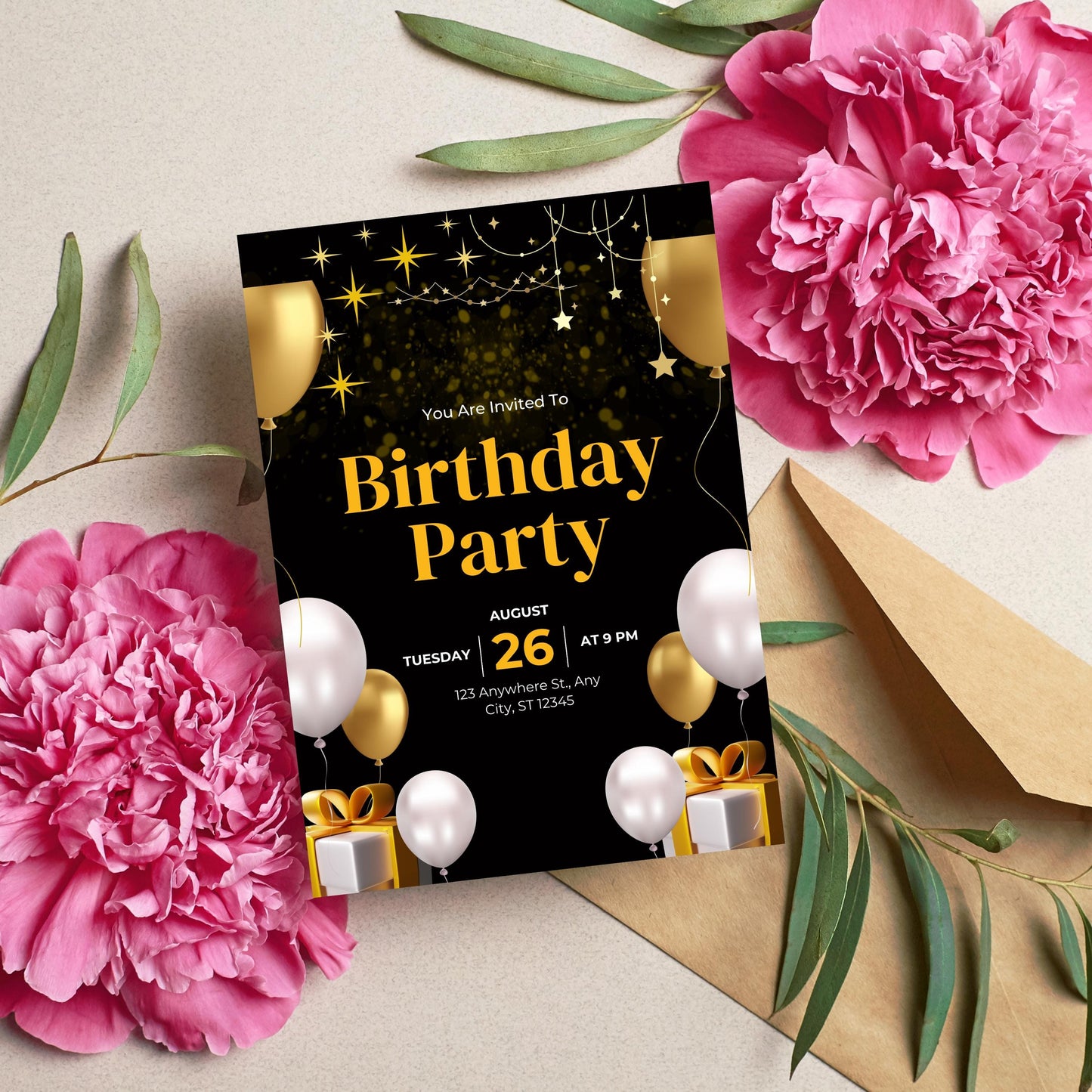 Editable Black and Gold Birthday Invitation, Let&#39;s Party Gold Balloons Invite, Printable Black Golden Balloons Birthday Invitation