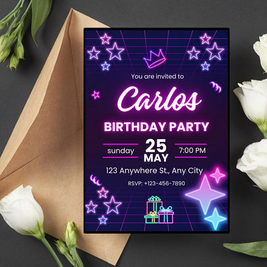 Purple Neon Birthday Invitation, Elegant Neon Balloon Party Card, Instant Download Digital Invitation Template