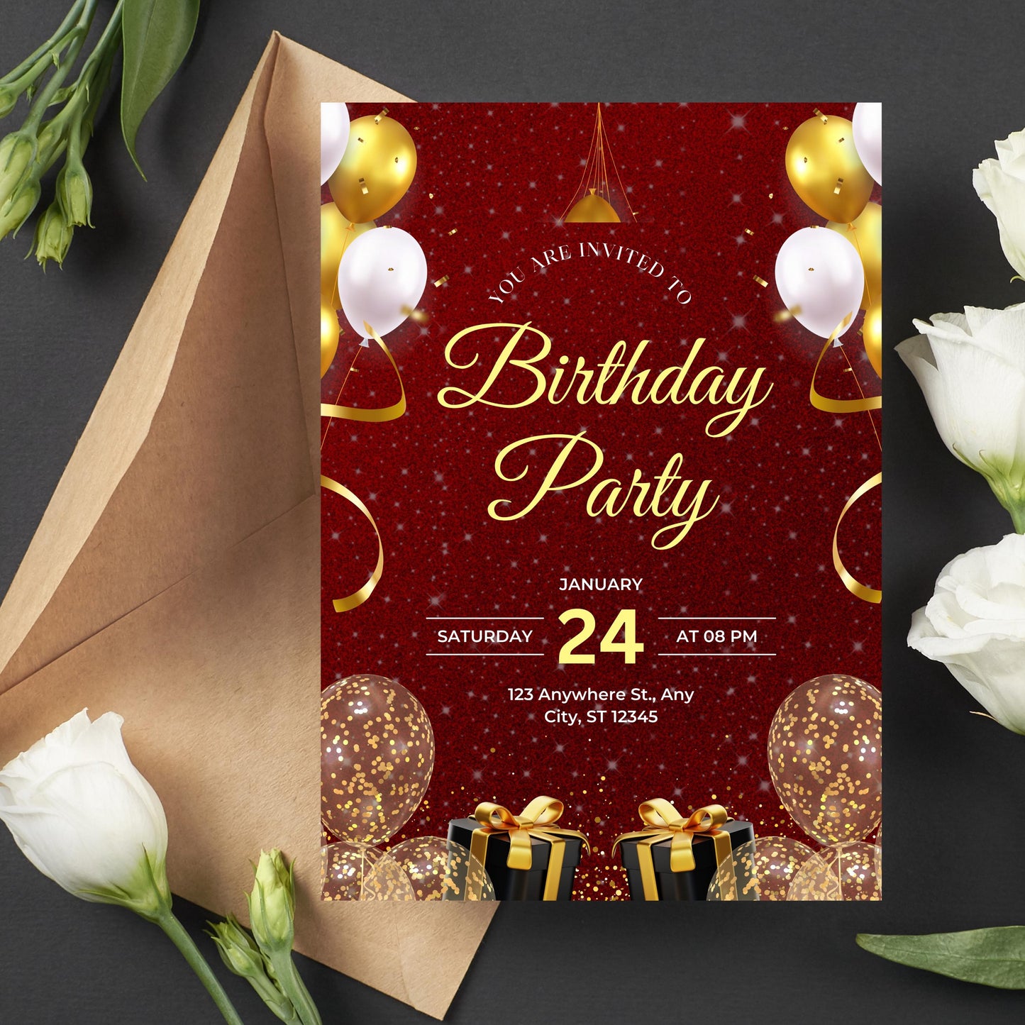 Red & Gold Glitter Balloons Birthday Party Invitation | Editable Template