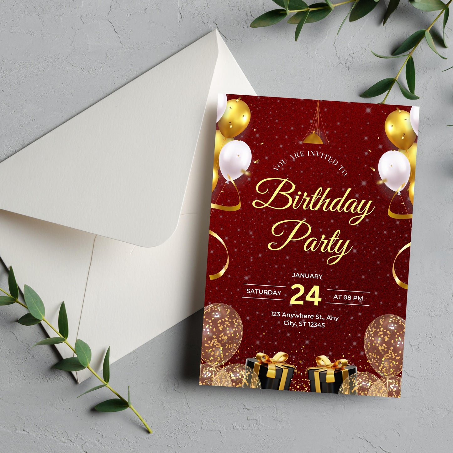 Red & Gold Glitter Balloons Birthday Party Invitation | Editable Template