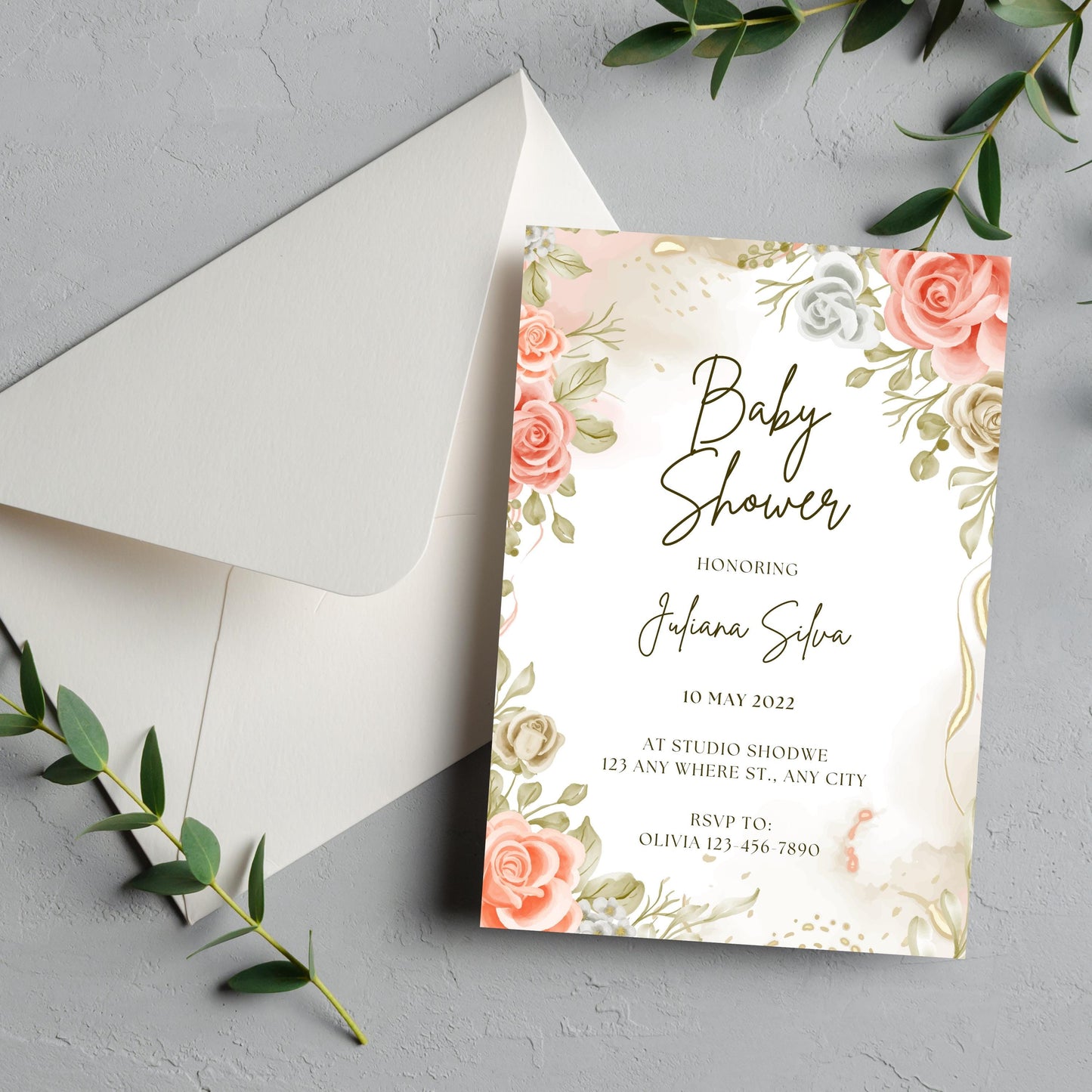 Printable Beige Baby Shower Floral Invitation & Animated GIF Of Invitation (High Resolution)