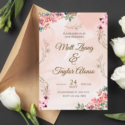 Pink Rose Wedding Invitation Template, Pink Flowers Wedding Invite, Editable Blush Pink Wedding Invitation, Instant Download, WI-92