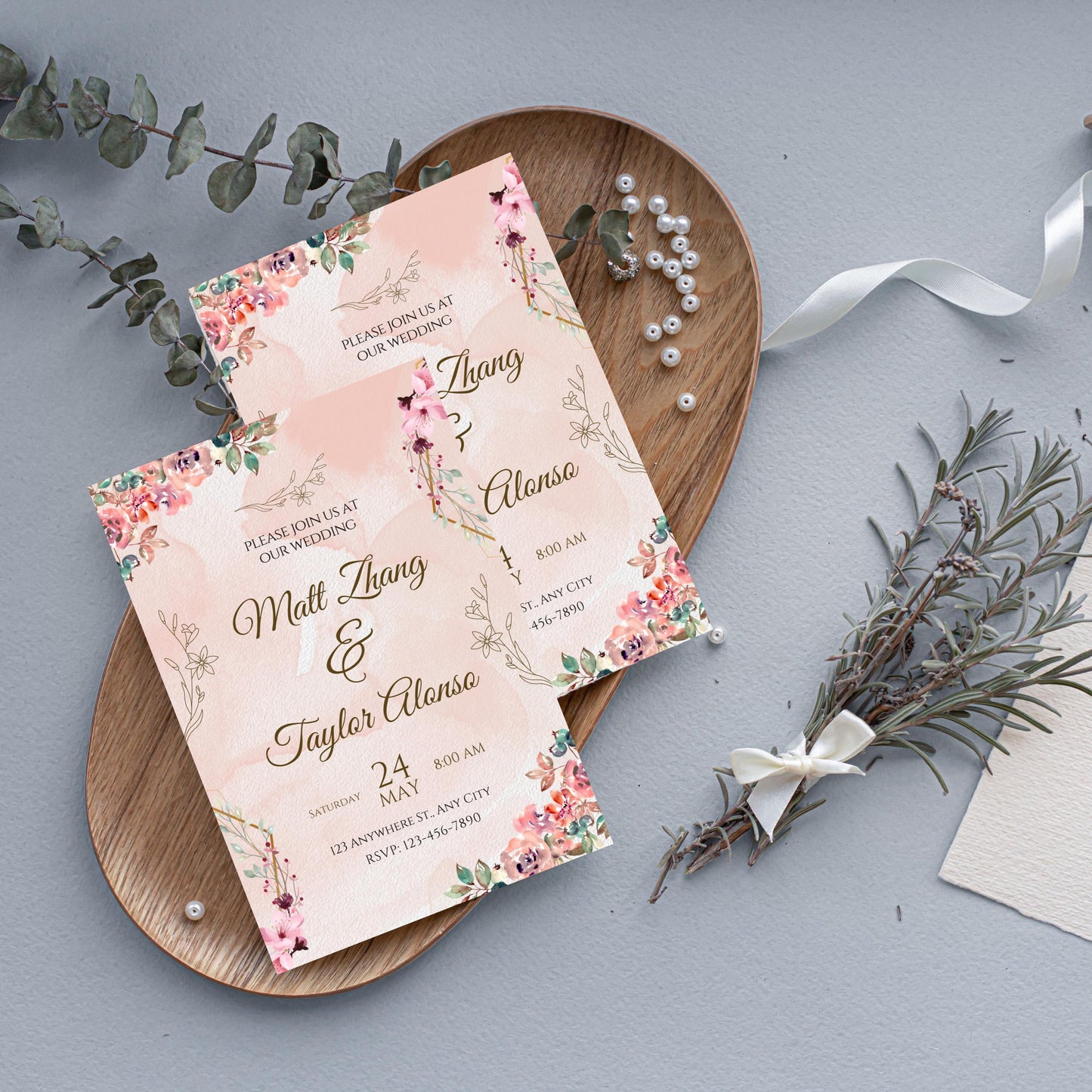 Pink Rose Wedding Invitation Template, Pink Flowers Wedding Invite, Editable Blush Pink Wedding Invitation, Instant Download, WI-92