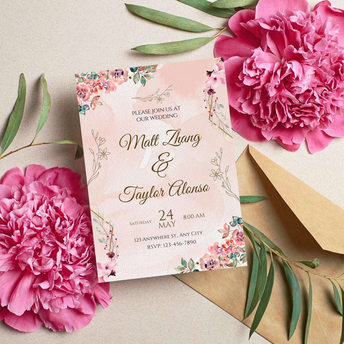 Pink Rose Wedding Invitation Template, Pink Flowers Wedding Invite, Editable Blush Pink Wedding Invitation, Instant Download, WI-92