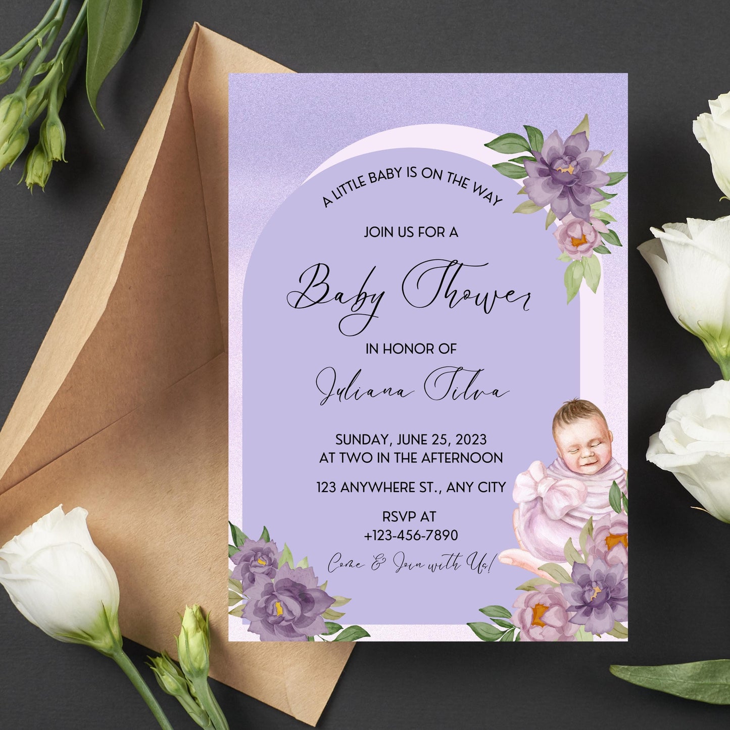 Purple Floral Arch Baby Shower Invitation, Watercolor Lilac Baby Shower, Lavender Baby Shower, Instant Download Printable BD148