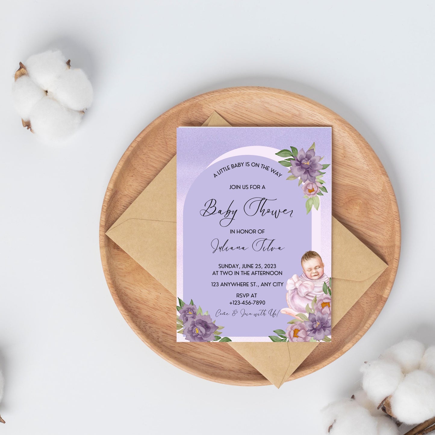 Purple Floral Arch Baby Shower Invitation, Watercolor Lilac Baby Shower, Lavender Baby Shower, Instant Download Printable BD148